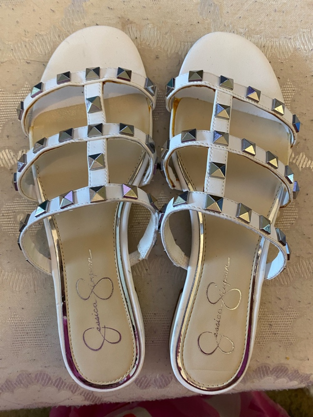 Jessica Simpson White Pyramid Stud Slide Sandals